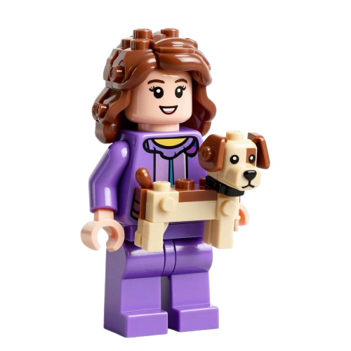 Sticker van een lego-figuurtje met hondje